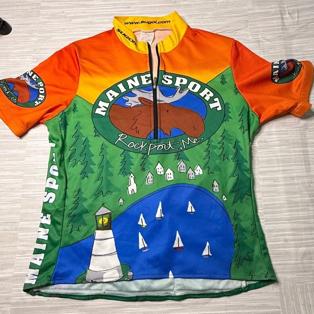 Sugoi Maine Sport Rockport ME Moose Cycling Jersey Mens Green Orange 1/4‎ Zip